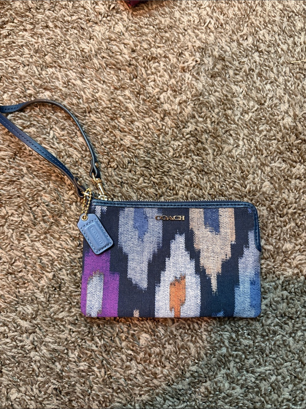 Coach Multicolor Ikat Pattern Wristlet with Navy Trim
